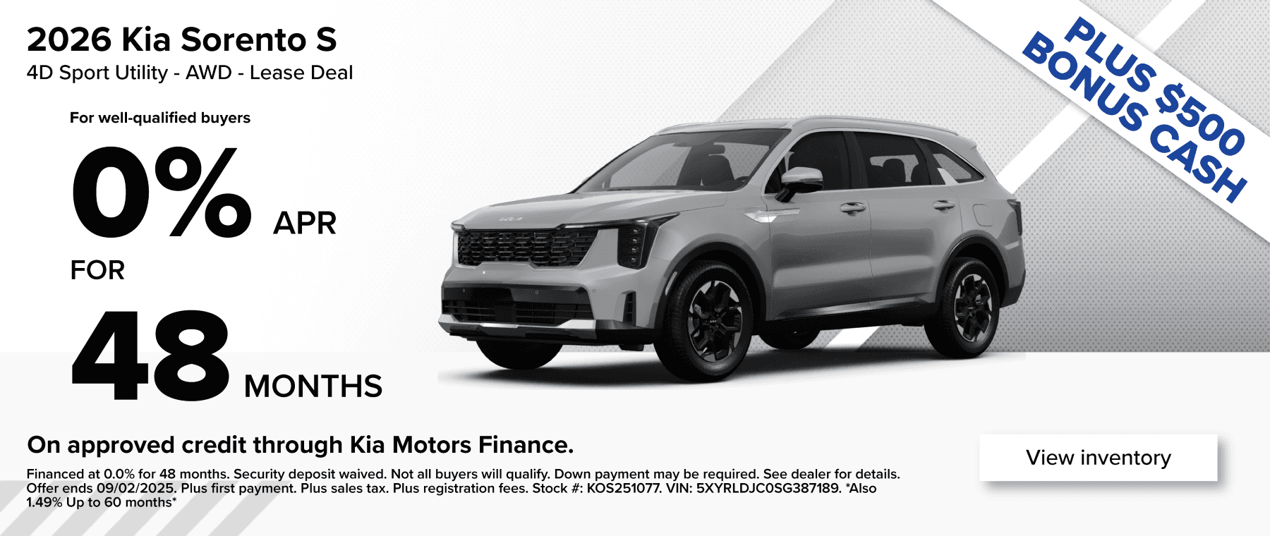 Kia Sorento for 0% for 48 months at West Herr KIA in Orchard Park
