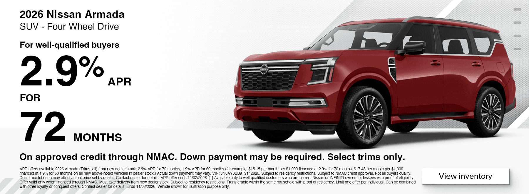 Nissan Armada Financing offer at West Herr Nissan near Buffalo, NY. 2.9% APR for 72 months