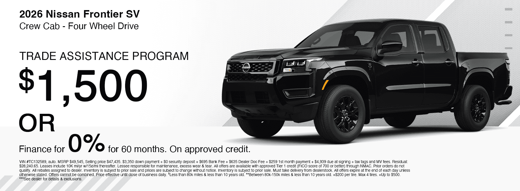 Nissan Frontier Rebate or financing offer at West Herr Nissan near Buffalo, NY. $1,500 rebate or 0% APR financing.