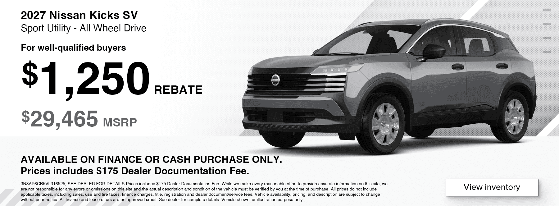Nissan Kicks Rebate offer at West Herr Nissan near Buffalo, NY. $1250 rebate when paying cash or financing