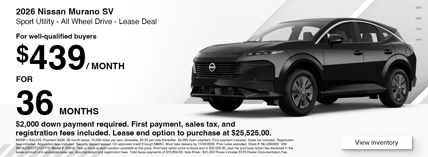 Nissan Murano Lease Offer at West Herr Nissan near Buffalo, NY offered at $439 per month at 36 months