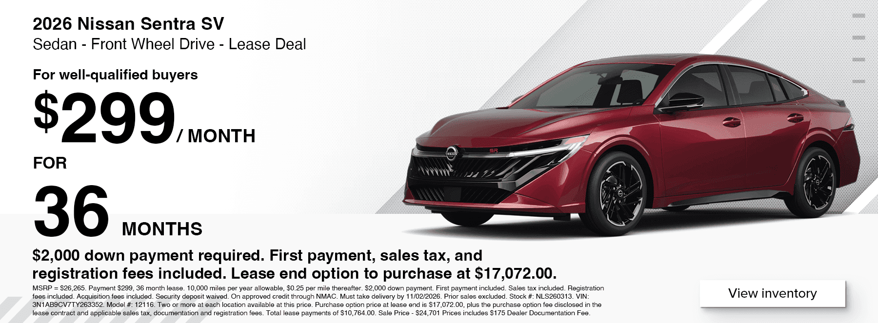 Nissan Sentra lease deal near Buffalo, NY for $299 per month for 36 months